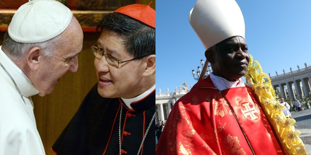 Left: Pope Francis with Luis Antonio Gokim Tagle. Right: Peter Kodwo Appiah Turkson.