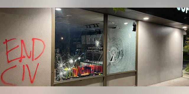 A Starbucks window was smashed during protest in Portland.