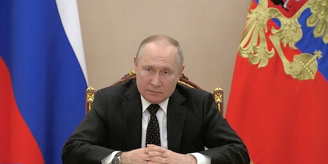 Russian President Vladimir Putin speaks about putting nuclear deterrence forces on high alert, in this still image obtained from a video, in Moscow, Russia, on Feb. 27.  
