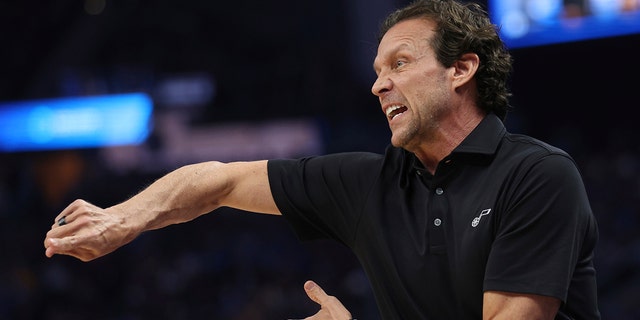 FILE - Utah Jazz head coach Quin Snyder yells to his team during the first half of an NBA basketball game against the Golden State Warriors in San Francisco, April 2, 2022. 