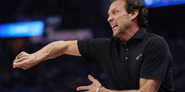 FILE - Utah Jazz head coach Quin Snyder yells to his team during the first half of an NBA basketball game against the Golden State Warriors in San Francisco, April 2, 2022.