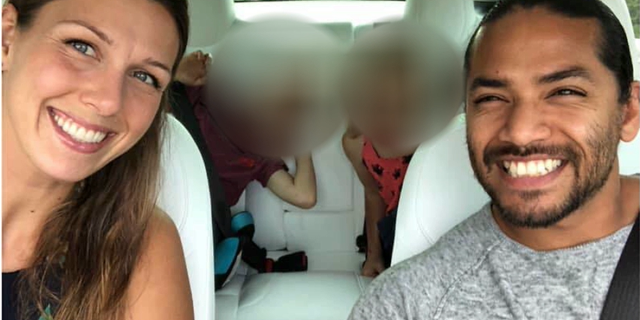 Shanna Gardner-Fernandez and her husband Mario Fernandez pose in the car.  Her ex-husband Jared Bridegan was fatally shot on February 16, 2022.