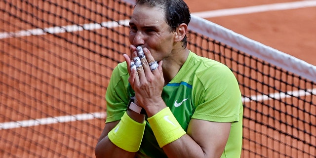Spain's Rafael Nadal reacts as he defeats Norway's Casper Ruud in the final match of the French Open at Roland Garros stadium Sunday, June 5, 2022, in Paris. Nadal won 6-3, 6-3, 6-0.