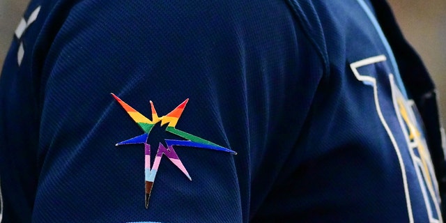 A detail of the Tampa Bay Rays pride burst logo celebrating Pride Month during a game against the Chicago White Sox at Tropicana Field on June 04, 2022 in St Petersburg, Florida.