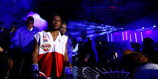 Roamer Alexis Angulo walks into the ring before his championship fight at The Hulu Theater at Madison Square Garden on June 11, 2022, in New York City.