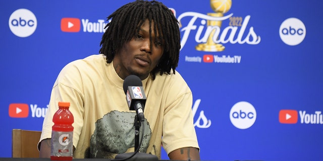 Robert Williams III of the Celtics speaks with the media after the NBA finals game on June 8, 2022, in Boston.