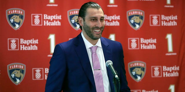 Former Florida Panthers goalkeeper Roberto Luongo smiles at a press conference before the jersey retirement ceremony at Sunrise, Florida, on Saturday, March 7, 2020. Luongo was inducted into the Hockey Hall of Fame on Monday, June 27, 2022.