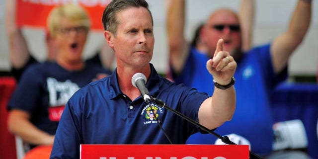 GOP Rep. Rodney Davis speaks at the 2021 Illinois State Fair, on Aug. 19, 2021, in Springfield, Illinois.