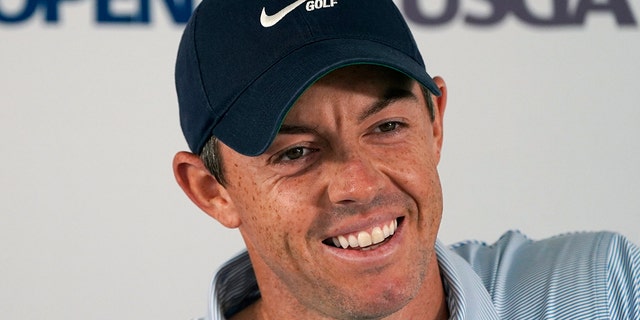 Rory McIlroy answers a question during a media availability ahead of the U.S. Open, Tuesday, June 14, 2022, at The Country Club in Brookline, Massachusetts.