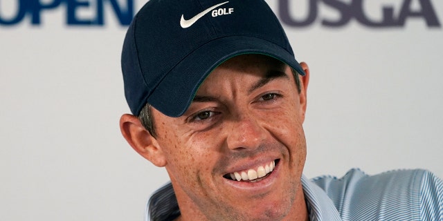 Rory McIlroy answers a question during a media availability ahead of the U.S. Open, Tuesday, June 14, 2022, at The Country Club in Brookline, Massachusetts.