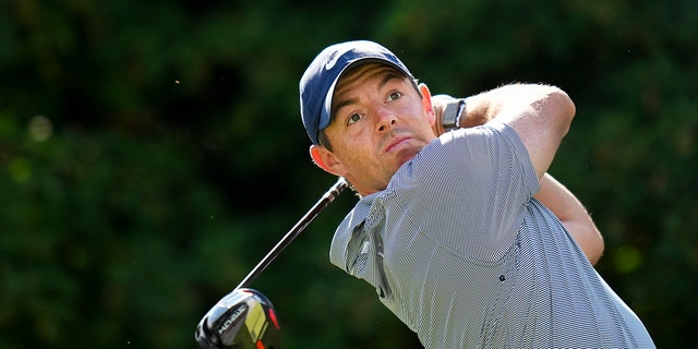 Rory McIlroy of Northern Ireland hits his tee shot on the 17th hole during round three of the Canadian Open at St. George's Golf and Country Club in Toronto Saturday, June 11, 2022. 