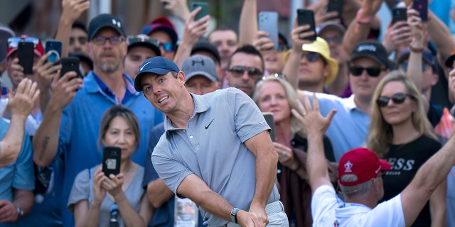 Rory McIlroy hits onto the 15th green during the third round of the Canadian Open golf tournament at St. George's Golf and Country Club in Toronto on June 11, 2022.