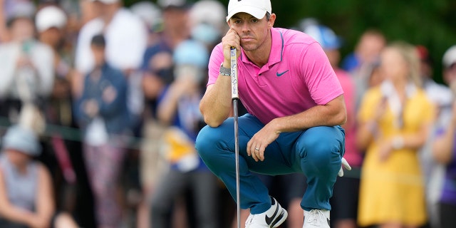 Rory McIlroy lines up his putt on the 15th hole during the final round of the Canadian Open in Toronto, Sunday, June 12, 2022.