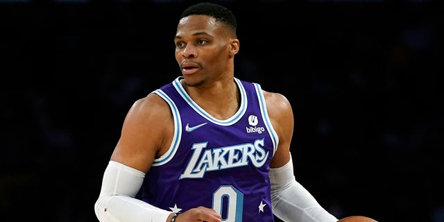 File-Los Angeles Lakers Guard Russell Westbrook (0) controls the ball during an NBA basketball match against the New Orleans Pelican in Los Angeles on Friday, April 1, 2022.