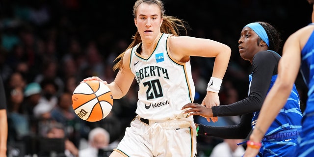 Sabrina Ionescu (20) of the New York Liberty dribbles during a game against the Chicago Sky June 12, 2022, at the Barclays Center in Brooklyn.