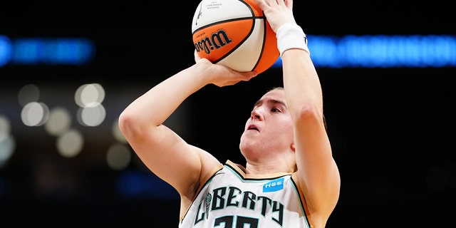 Sabrina Ionescu of the New York Liberty shoots during a game against the Chicago Sky June 12, 2022, at the Barclays Center in Brooklyn.