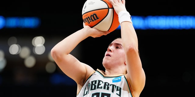 Sabrina Ionescu of the New York Liberty shoots during a game against the Chicago Sky June 12, 2022, at the Barclays Center in Brooklyn.