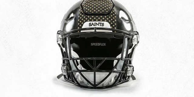 The front of the newly redesigned Saint helmet.  The Fleur-de-Lys logo runs down the center of the helmet.