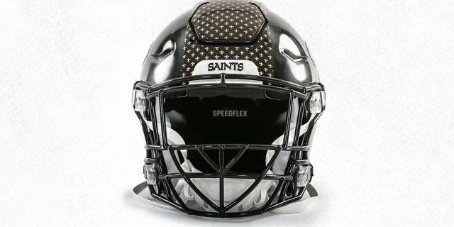 The front of the new-look Saints helmet. The fleur-de-lis logo goes down the center of the helmet.