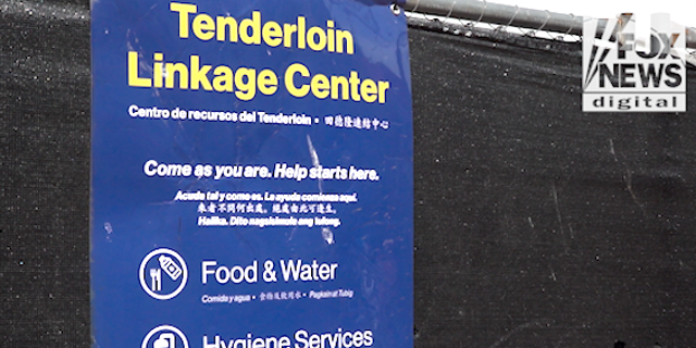 A sign on the outside of the Tenderloin Linkage Center which has since been renamed the Tenderloin Center. (Fox News Digital/Jon Michael Raasch) 