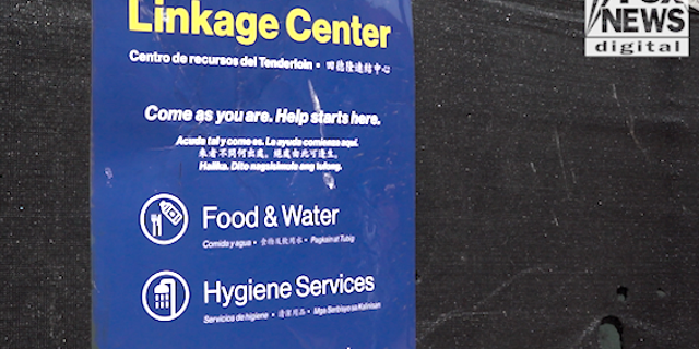 A sign on the outside of the Tenderloin Linkage Center which has since been renamed the Tenderloin Center. (Fox News Digital/Jon Michael Raasch)