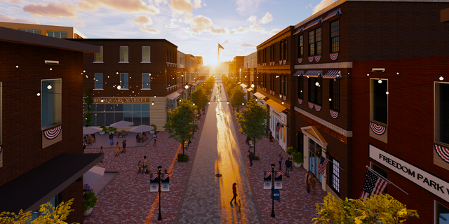 Flagpole of Freedom Park plans call for a 900-foot-long Main Street and historical village with shops, lodging and entertainment.