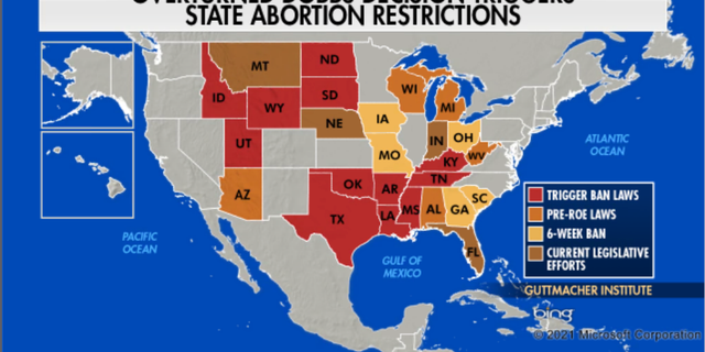 Map of states that have laws 'triggered' by the overturn of Roe v. Wade.