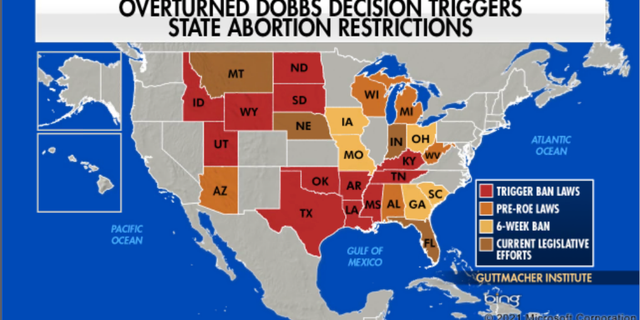 Map of states that have laws "triggered" by the overturn of Roe v. Wade.