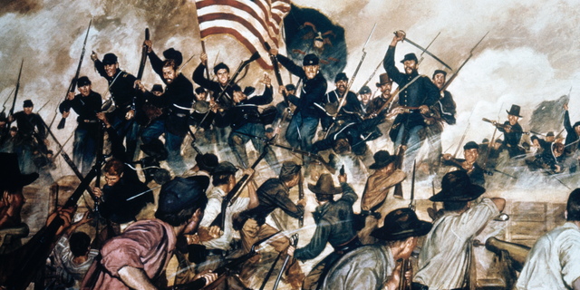 First at Vicksburg, May 19, 1863, painting by Hugh Charles McBarron Jr. (1902-1992), of the American Civil War, 19th century. American troops were often spirited into battle by the power of Julia Ward Howe's haunting American anthem. 