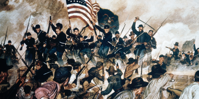 First at Vicksburg, May 19, 1863, painting by Hugh Charles McBarron Jr. (1902-1992), of the American Civil War, 19th century. American troops were often spirited into battle by the power of Julia Ward Howe's haunting American anthem. 