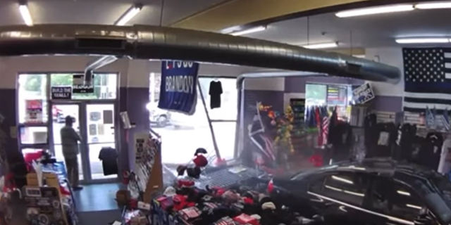 The Easton Police Department said Thursday the driver of a 2015 Volkswagen Jetta suffered non-life-threatening injuries when he drove into the New England for Trump store on Washington Street on June 16, 2022. (Easton Police Department)