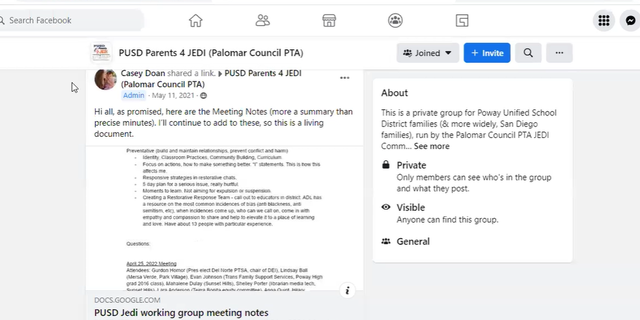 Casey Doan, the chair of JEDI, posted the meeting summary notes in a private group called "PUSD Parents for JEDI (Palomar Council PTA)."