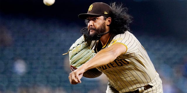 San Diego Padres starting pitcher Sean Manaea throws a pitch against the Arizona Diamondbacks during the first inning of a baseball game Tuesday, June 28, 2022, in Phoenix. 