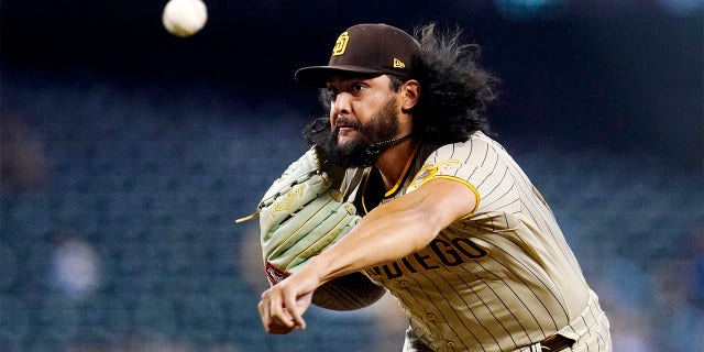 San Diego Padres starting pitcher Sean Manaea throws a pitch against the Arizona Diamondbacks during the first inning of a baseball game Tuesday, June 28, 2022, in Phoenix. 