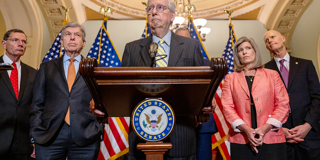 Sen. Minority Leader Mitch McConnell (R-KY) speaks at a news conference after the Senate luncheons in the U.S. Capitol on June 22, 2022 in Washington, DC.