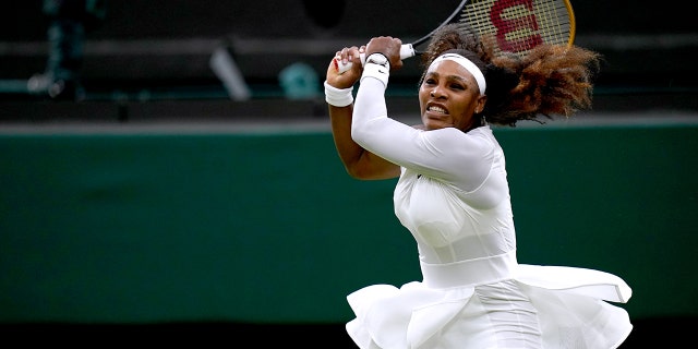 Serena Williams in action against Aliaksandra Sasnovich on Wimbledon's centre court, June 29, 2021.