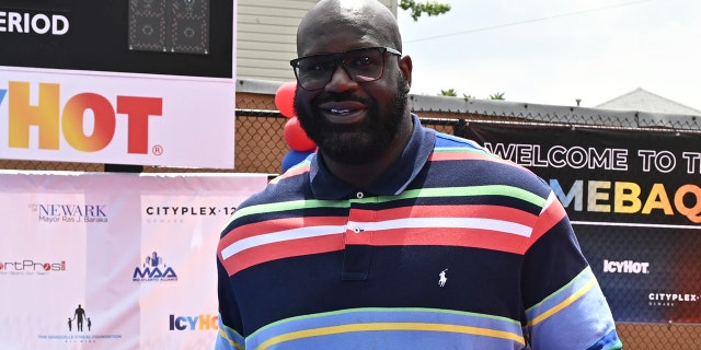 Shaquille O'Neal reacts as The Shaquille O'Neal Foundation &amp; Icy Hot unveil "Comebaq Court" on June 13, 2022 in Newark, New Jersey.