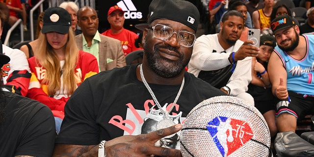 Shaquille O'Neal attends Game Three of the Eastern Conference First Round between the Miami Heat and the Atlanta Hawks at State Farm Arena on April 22, 2022 in Atlanta, Georgia.