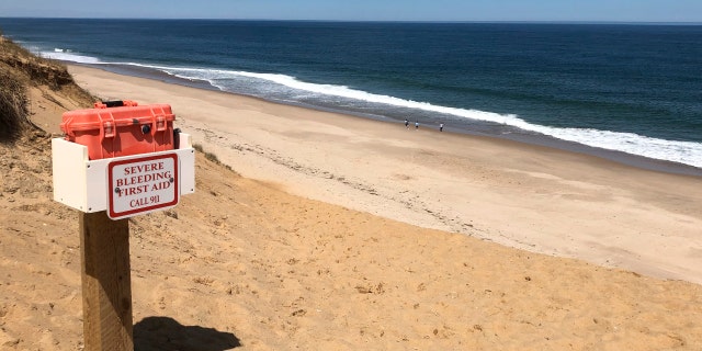 A severe bleeding emergency first aid kit on Newcomb Hollow Beach, Cape Cod, Massachusetts.