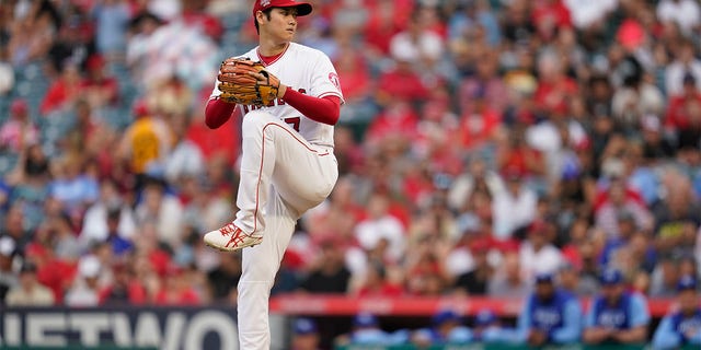 Los Angeles Angels starting pitcher Shohei Ohtani (17) throws during the first inning of a baseball game against the Kansas City Royals in Anaheim, Calif., Wednesday, June 22, 2022.