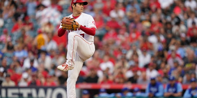 Los Angeles Angels starting pitcher Shohei Ohtani (17) throws during the first inning of a baseball game against the Kansas City Royals in Anaheim, Calif., Wednesday, June 22, 2022.