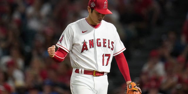 Los Angeles Angels starting pitcher Shohei Ohtani (17) reacts after the top of the sixth inning of a baseball game against the Kansas City Royals in Anaheim, Calif., Wednesday, June 22, 2022.