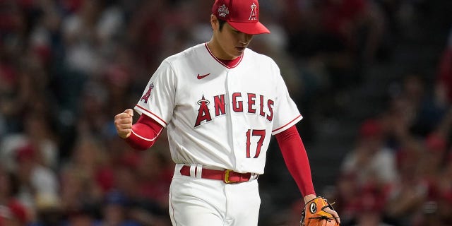 Los Angeles Angels starting pitcher Shohei Ohtani (17), reacts after the top of the sixth inning of a baseball game against the Kansas City Royals on Wednesday, June 22, 2022 in Anaheim, Calif. 