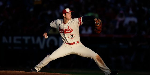 Los Angeles Angels starting pitcher Shohei Ohtani throws to a Chicago White Sox batter during the second inning of a baseball game Wednesday, June 29, 2022, in Anaheim, Calif.