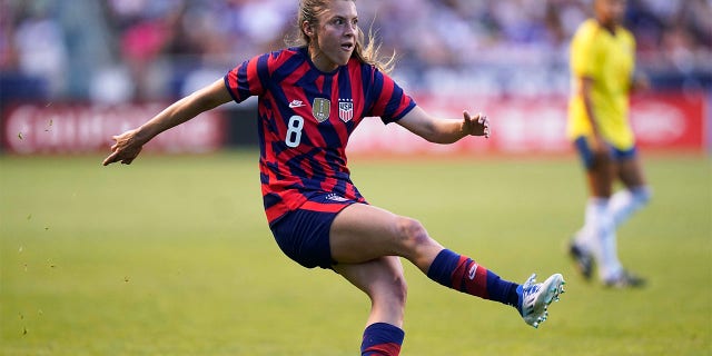 U.S. defender Sofia Huerta follows through on a shot against Colombia during the first half of an international friendly soccer match Tuesday, June 28, 2022, in Sandy, Utah.