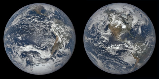 These views, captured from the sun-facing side of Earth, show the change in Earth’s tilt between the December (left) and June (right) solstices. These images were taken by NASA’s Earth Polychromatic Imaging Camera on the National Oceanic and Atmospheric Administration's DSCOVR satellite in December 2018 and June 2019.