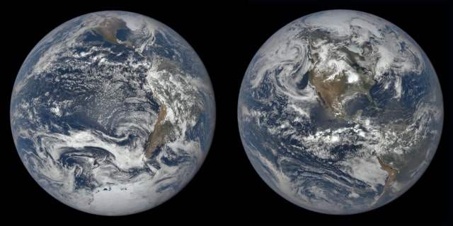 These views, captured from the sun-facing side of Earth, show the change in Earth’s tilt between the December (left) and June (right) solstices. These images were taken by NASA’s Earth Polychromatic Imaging Camera on the National Oceanic and Atmospheric Administration's DSCOVR satellite in December 2018 and June 2019.