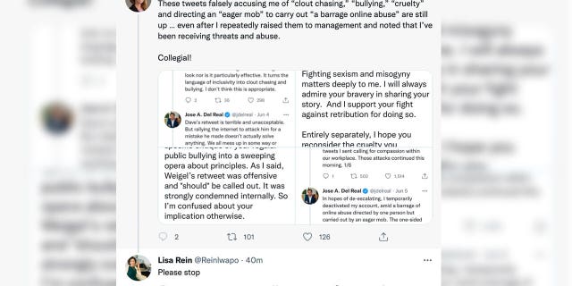 Washington Post reporter Lisa Rein urged Felicia Sonmez to "please stop" attacking colleagues.