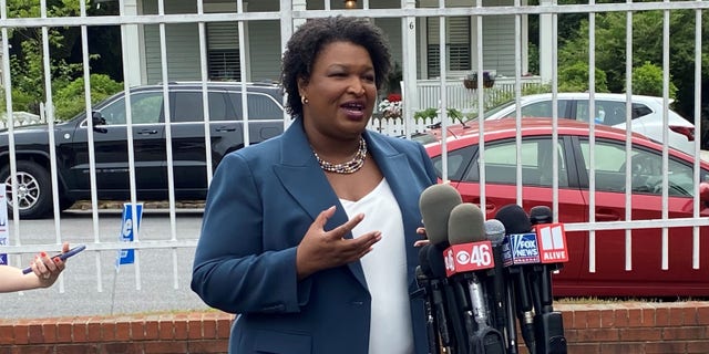 Democratic gubernatorial nominee Stacey Abrams speaks with reporters on the day of the Georgia primary, in Atlanta, GA. on May 24, 2022.
