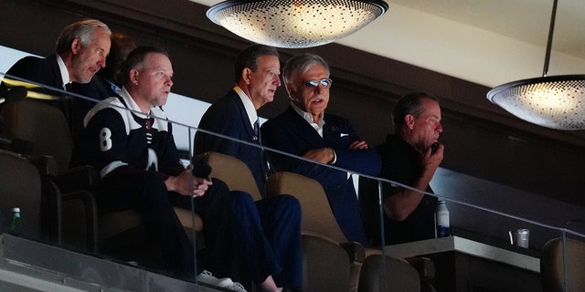 Jun 18, 2022; Denver, Colorado, USA; Colorado Avalanche owner Stan Kroenke (second left) looks on during the third period of game two of the 2022 Stanley Cup Final against the Tampa Bay Lightning at Ball Arena.